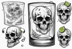 A scull inside the glass with alcohol and piece of lime tattoo idea