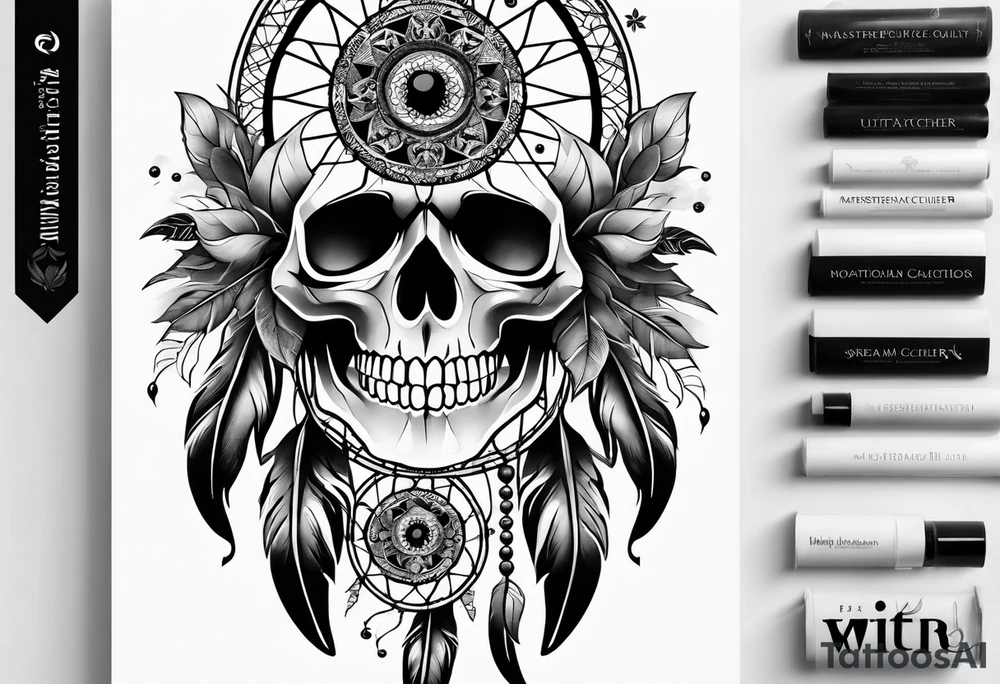 Dream catcher with black flowers and skulls tattoo idea