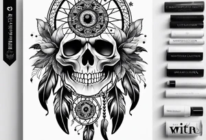 Dream catcher with black flowers and skulls tattoo idea
