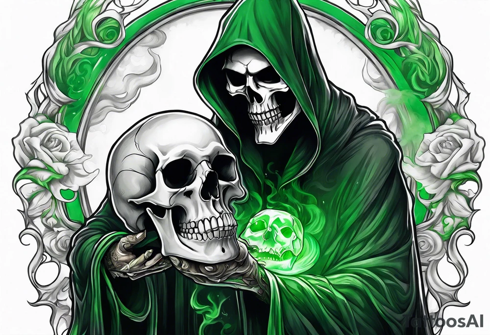 Grim Reaper holding a skull with green ethereal smoke white background tattoo idea