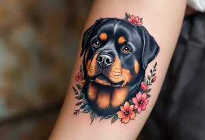 Neo-Traditional Rottweiler – A bold, detailed Rottweiler design with clean lines, saturated black and orange-brown fur, and bright traditional-style flowers around it. tattoo idea