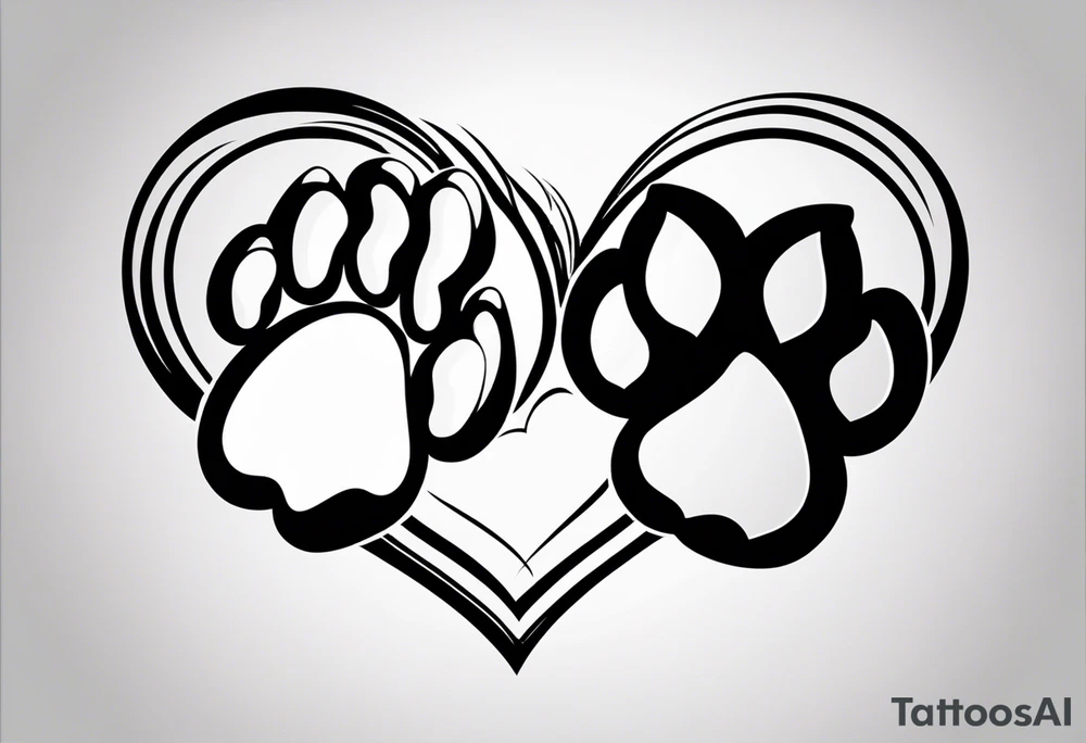 two small dog paws, two big dog paws with shadow background connecting them and seperate, disconnected tribal heart above it all tattoo idea
