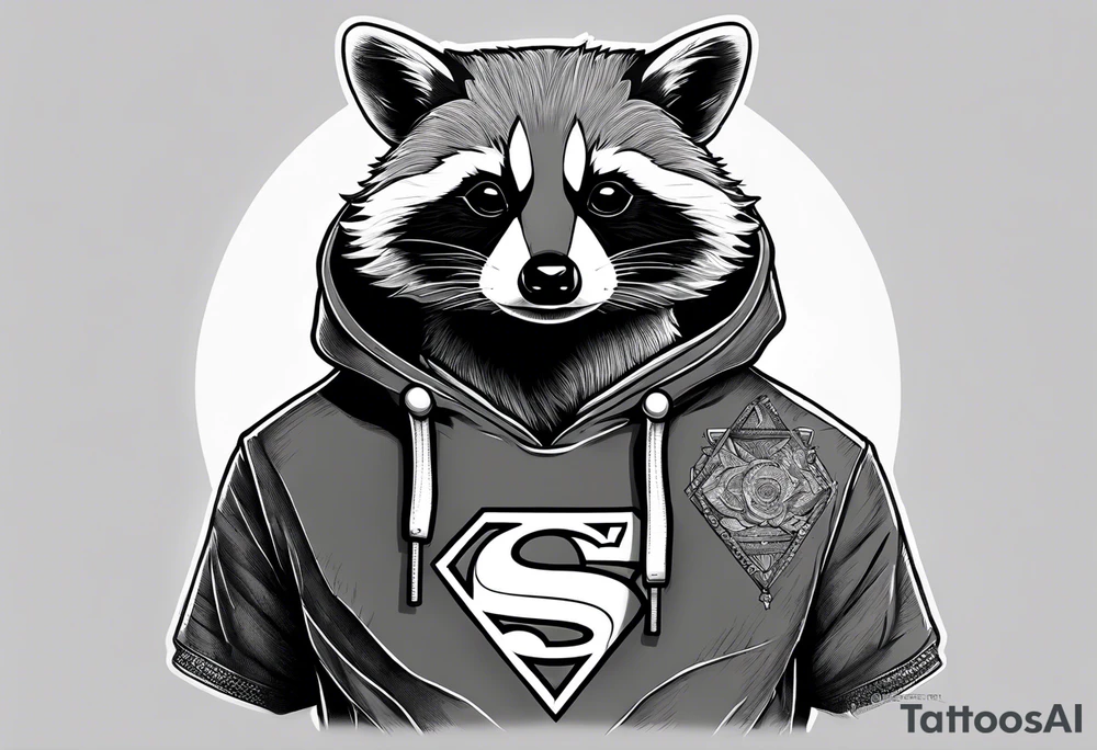 raccoon wearing a Superman hoodie tattoo idea