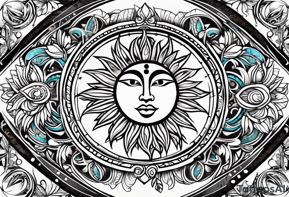 sacred moon and sun painted with Anishinaabe floral all over tattoo idea