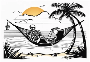 skeleton wearing a button up hawaiian shirt relaxing on the beach with a drink in a hammock tattoo idea