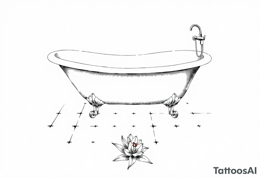 Clawfoot bathtub with lily coming up from tile floor tattoo idea