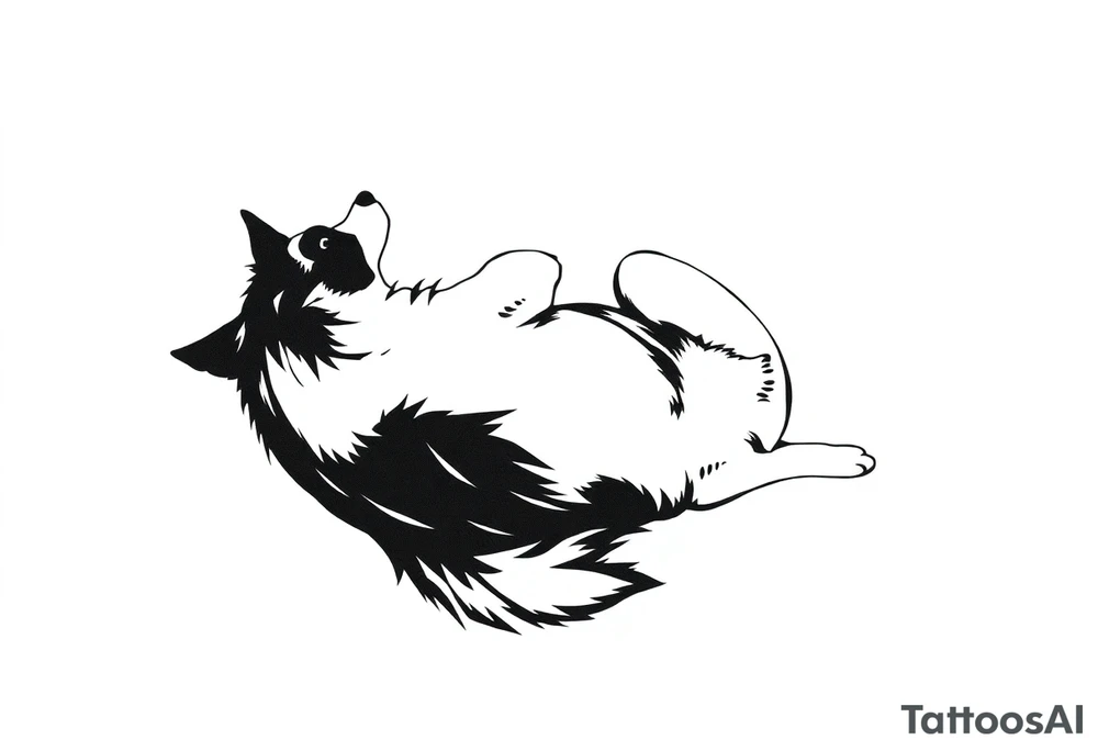 An illustration of a Border Collie tattoo in a minimalist feminine style. The design is elegant and delicate, created with a single continuous line, depicting the dog lying on its back, capturing the grace and character of the breed. tattoo idea