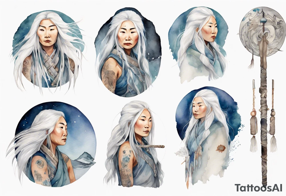 an Inuit woman with long white hair holding onto a silver staff tattoo idea