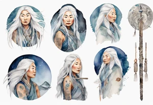 an Inuit woman with long white hair holding onto a silver staff tattoo idea