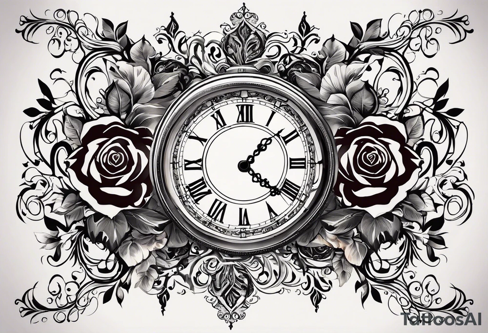 I would like a tattoo that covers the entire forearm, extending continuously and fluidly, similar to the reference photo. The design should include symbolic elements representing love and family, subtly incorporating the initials SDCM in a meaningful way. I envision a harmonious composition with elements such as a clock (symbolizing time spent with loved ones), a rose (for love), a dove (for peace and unity), or a tree of life (for family connection). The style should be realistic, in black and grey, with intricate details and smooth transitions between the elements tattoo idea