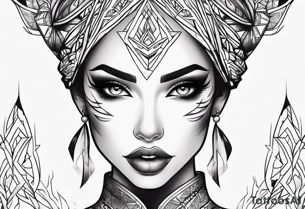 create a fire girl face inspired by Disney movie elements black tattoo idea