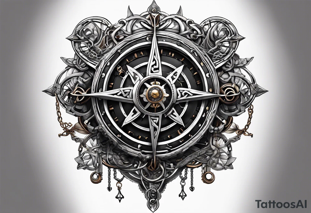 Traditional Celtic styled knot work combined with a steampunk biomechanical sleeve design and has a pirate compass in it tattoo idea