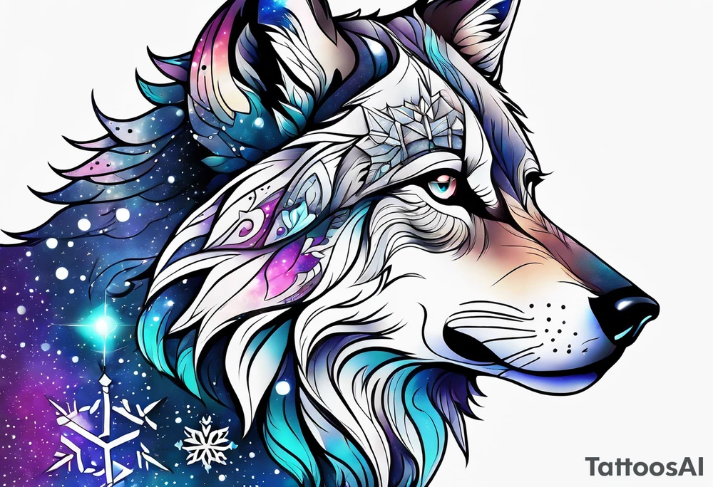 Constellation, animal alien wolf, snowflake tattoo idea