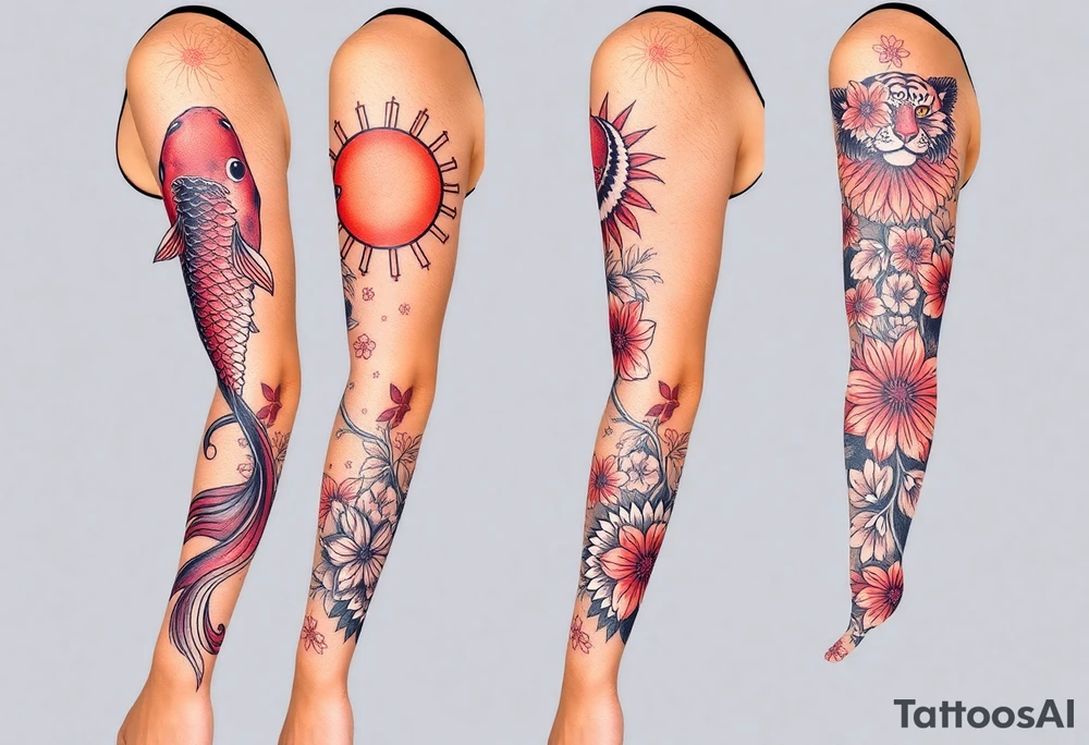 Full arm sleeve, one koi fish, one tiger, the sun, cherry blossom filler, beautiful tattoo idea