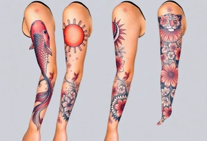 Full arm sleeve, one koi fish, one tiger, the sun, cherry blossom filler, beautiful tattoo idea
