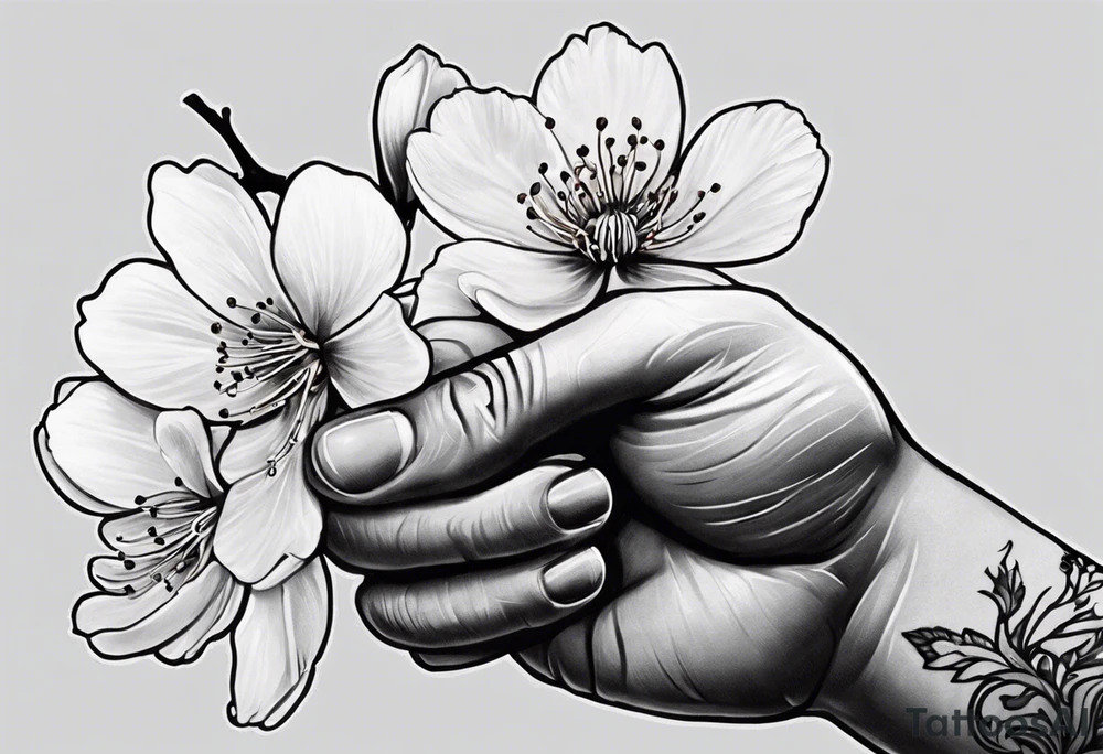 i have a human hand pointing at a skeleton hand tattoo on my left shoulder, the human hand is on the left and ends 3 cm into the wrist of the hand, i want a cherry blossom branch to sprout out of the wrist on the tattoo, then travel down to my arm and wrap around my bicep once, this bit can be floral, then it needs to narrow down and fit through a 7 cm gap in on my forearm then eventually ending in a 10 cm gap on my wrist, this gap can be filled with more blossom flora, this tattoo needs to go all the way down my arm so it needs to be long, the tattoo will start at my shoulder and go all the way down my arm tattoo idea