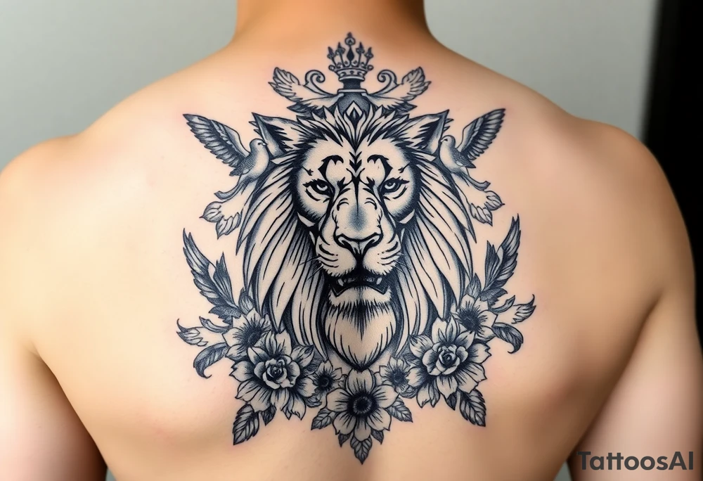 powerful majestic lion with a crown, surrounded by floral ornaments and birds tattoo idea