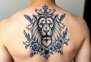 powerful majestic lion with a crown, surrounded by floral ornaments and birds tattoo idea