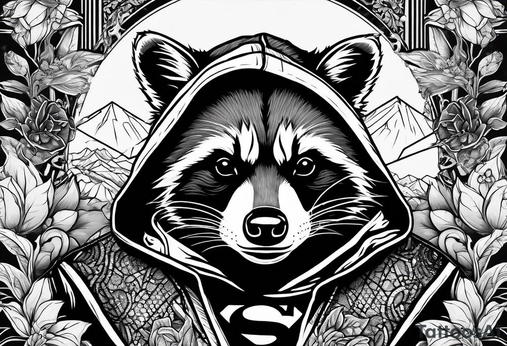 raccoon wearing a Superman hoodie tattoo idea