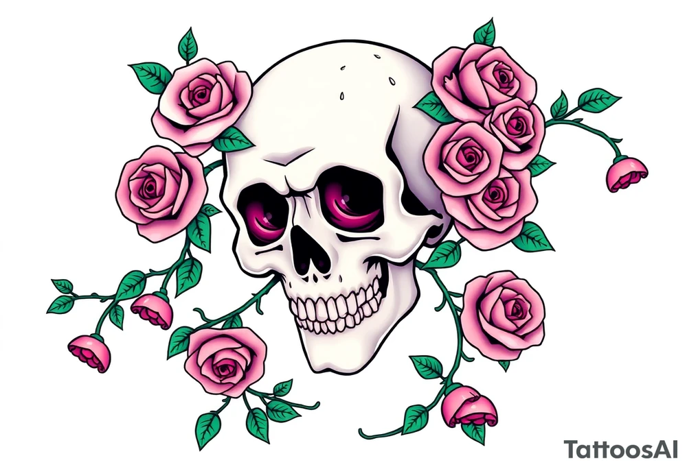 gothic skull intertwined with climbing roses and thorny vines tattoo idea