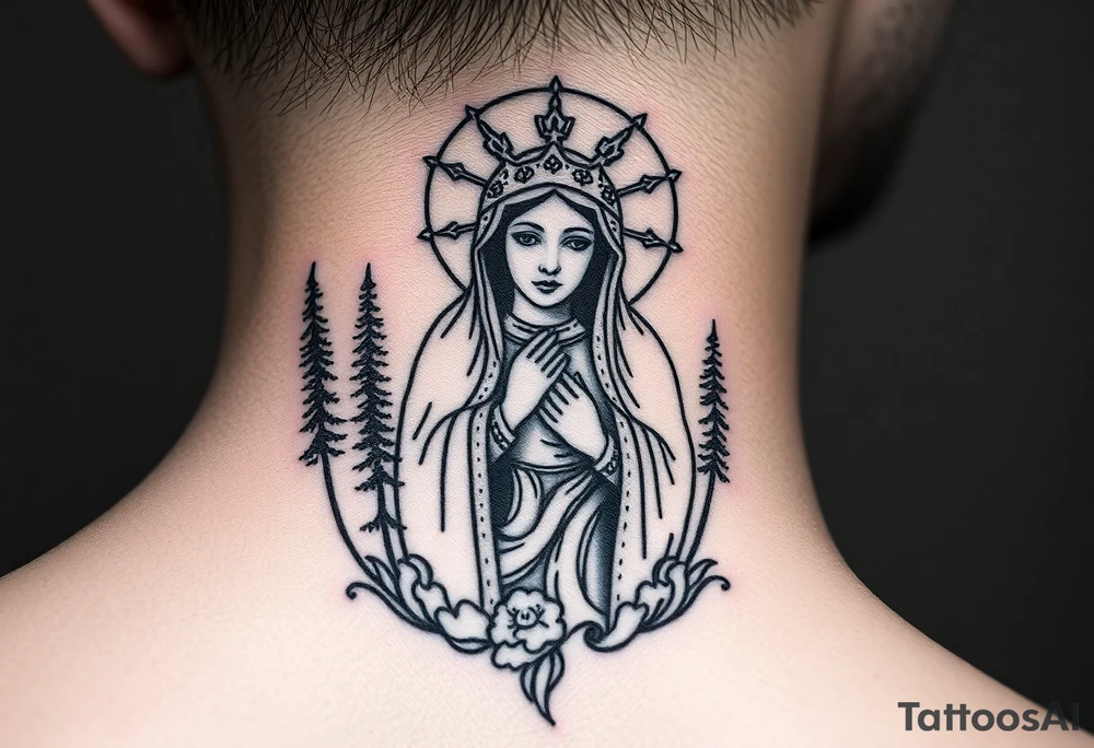 virgin mary in a russian wilderness setting tattoo idea