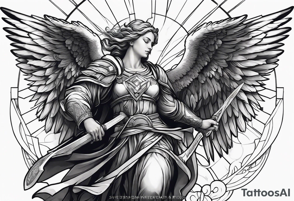 Spiritual warfare sleeve centered around large angel on the bicep tattoo idea