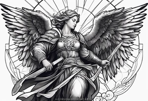 Spiritual warfare sleeve centered around large angel on the bicep tattoo idea