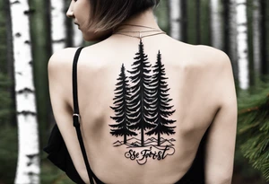Tattoo with the words "see the forest for the trees" in any style font, around a tree in any way. black and white, tattoo, simple, elegant, pine tree, fine-line tattoo idea