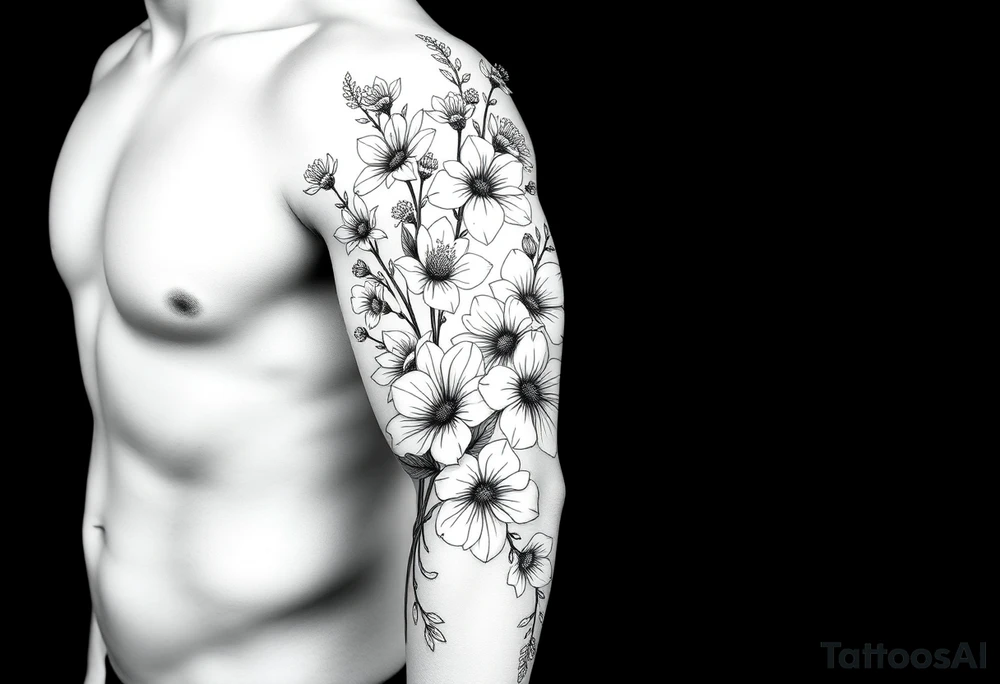 Full sleeve tattoo design of larkspur and hawthorn flowers, highly detailed line art, black ink, elegant botanical style, intertwined composition, no shading, no human mock-up, clean stencil style suitable for tattooing, fit fully within boundaries. LINE ART ONLY, REMOVE HUMAN, NO SKIN, NO ARM, NO HUMAN BODY PARTS tattoo idea