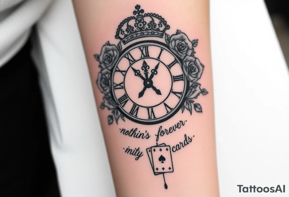 Roman clock with roses and a crown,  a quote that says nothings forever. and on the bottom a deck of cards tattoo idea