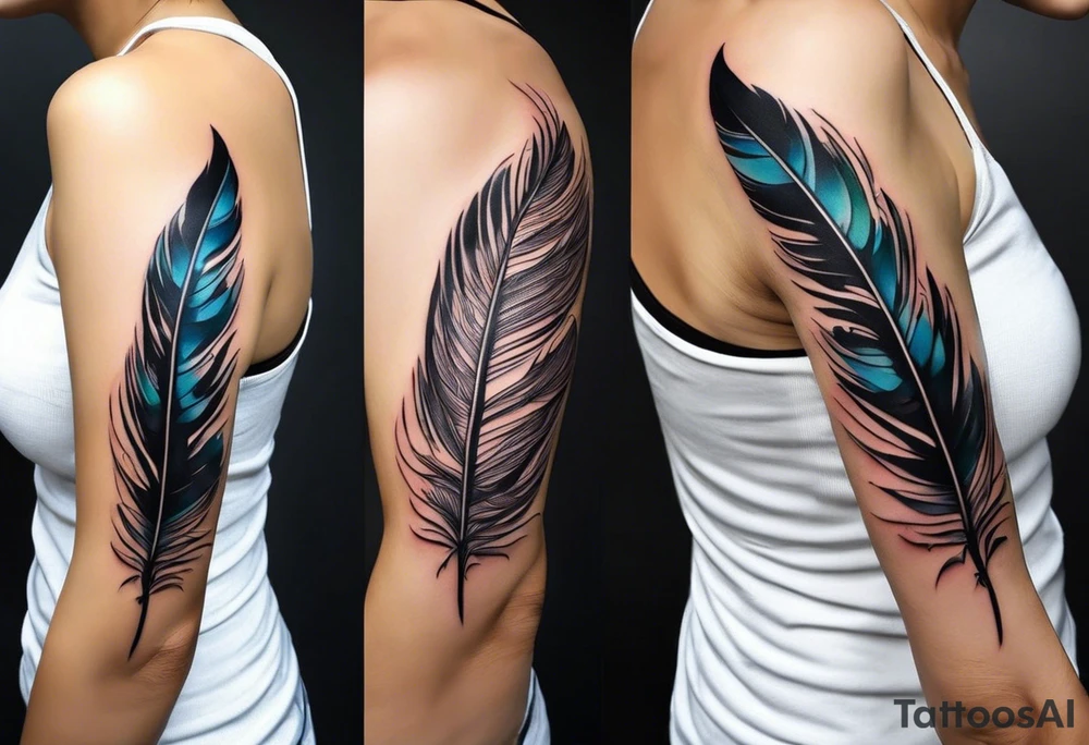 The tattoo begins on the left arm, at the elbow, where feathers are flying under the action of the wind towards the left hand. These feathers share the air space with branches that have leaves, and both elements move together up the left arm. As they approach the shoulder, some lightning appears between them. At this point, the feathers start to converge toward the left chest, where a vortex of energy reveals the head of an owl. The branches converge toward the left side of the back, passing over the shoulder. On the left side of the back, there is a dense, psychedelic element representing the energy of life's creation, with references to the earth, element, and planet. There is also a clay house in this area. tattoo idea
