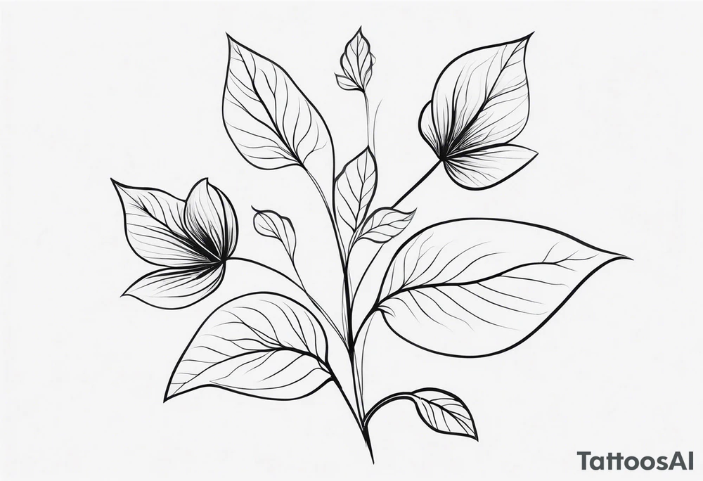 Design an ornamental tattoo featuring a single stem with delicate leaves and blossoms, using thin lines for a refined look. tattoo idea