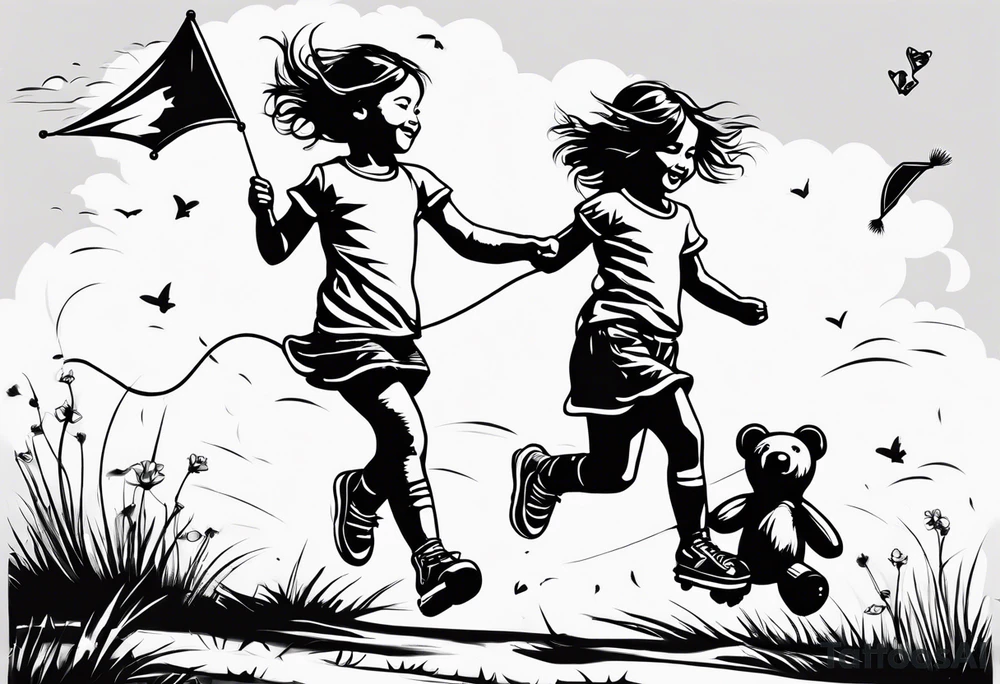 a little girl running with a kite and a teddy bear on roller skates following her with the words "Go Fly A Kite" tattoo idea