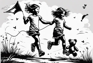 a little girl running with a kite and a teddy bear on roller skates following her with the words "Go Fly A Kite" tattoo idea