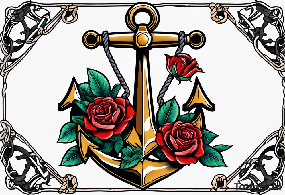 old school anchor sitting at an angle 
with rope wrapped around anchor and banner across anchor and old school roses tattoo idea