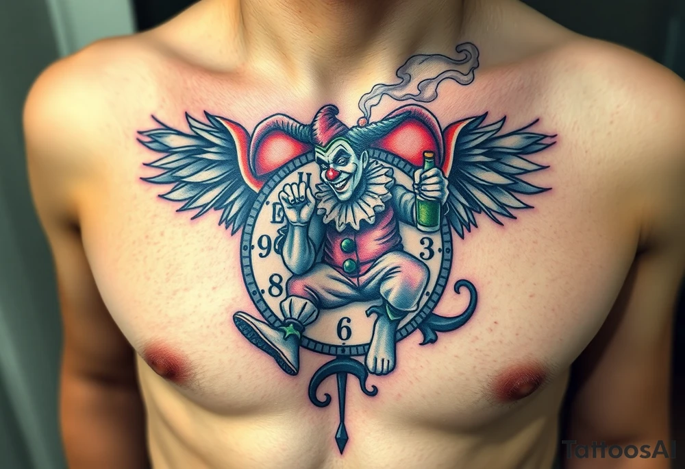 a jester clown floating in smoke with a  clock, the time says 420,  with two open wings besides the clock, smoke as the spring rising from the clock, a jester clown coming out the smoke, smoking in one hand with a liquor bottle on the other hand tattoo idea