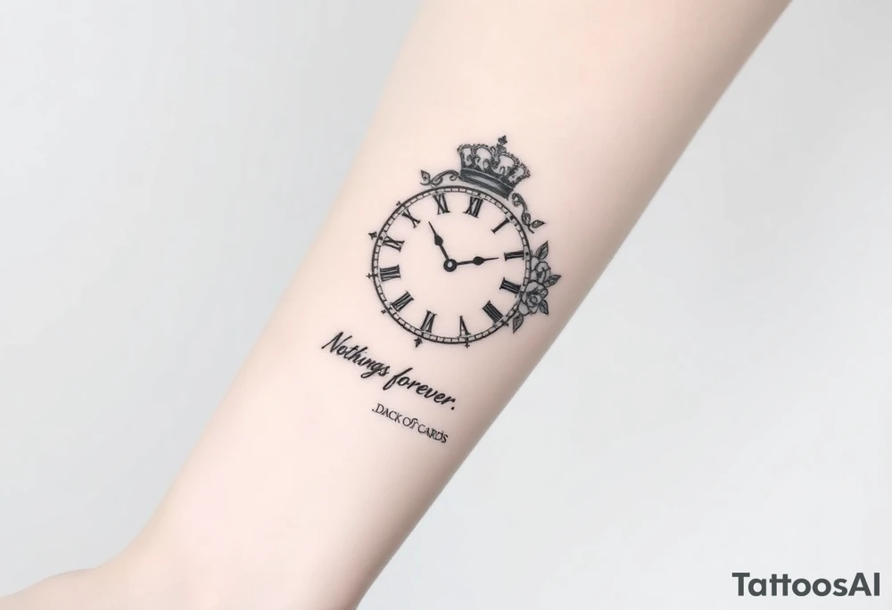 Roman clock with roses and a crown, a quote that says nothings forever. and on the bottom a deck of cards tattoo idea
