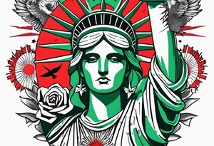 the statue of liberty with a skull for a face, and green dollar signs for eyes, with a red sun behind it with birds flying towards it tattoo idea