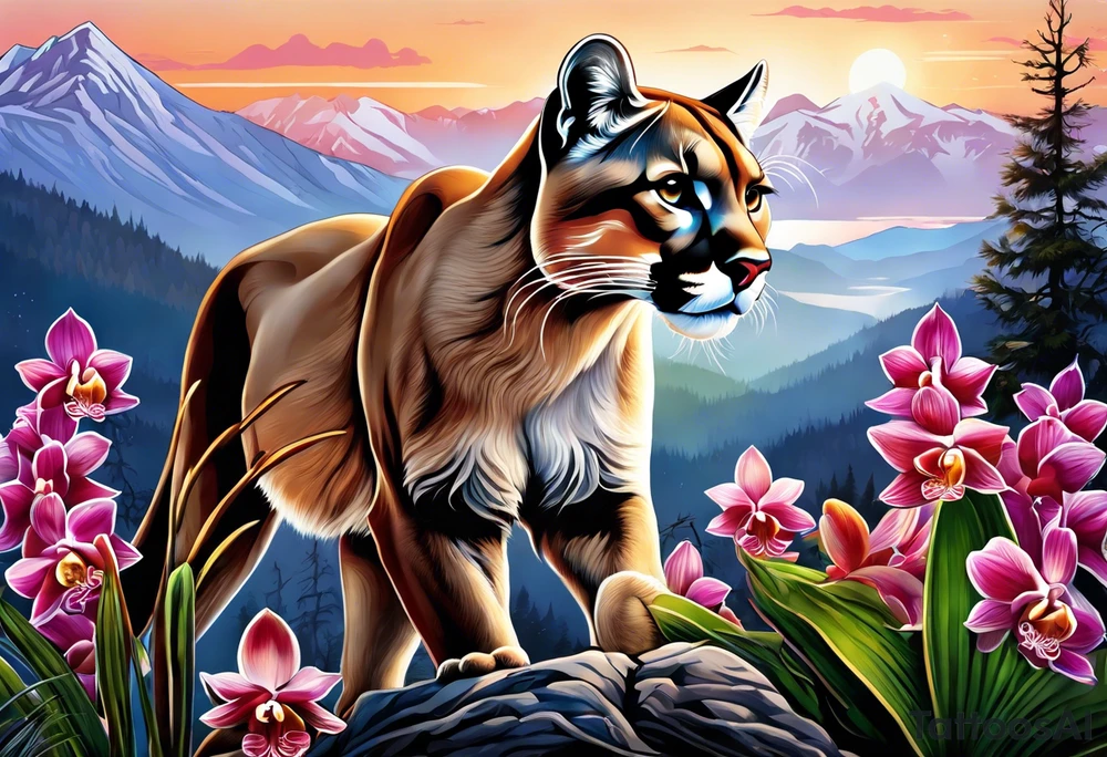 Mother mountain lion, otter and flicker bird, orchids, tattoo idea