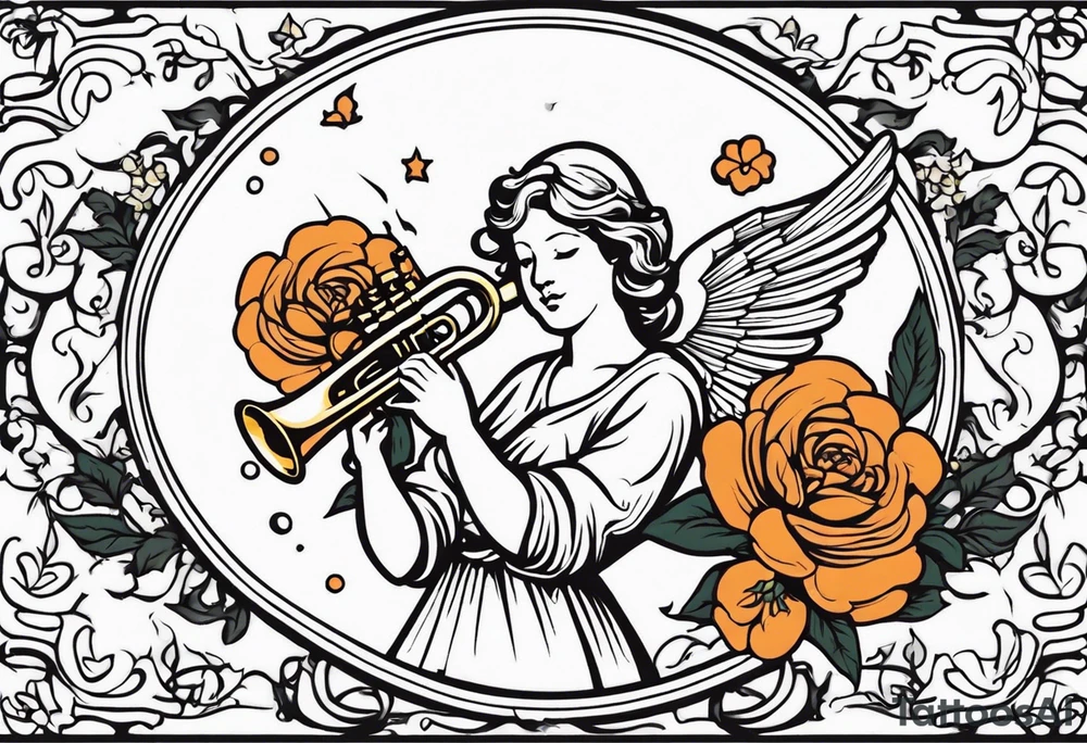 angel with trumpet
old school vintage simple traditional design with vintage flowers surrounding it bold color tattoo idea