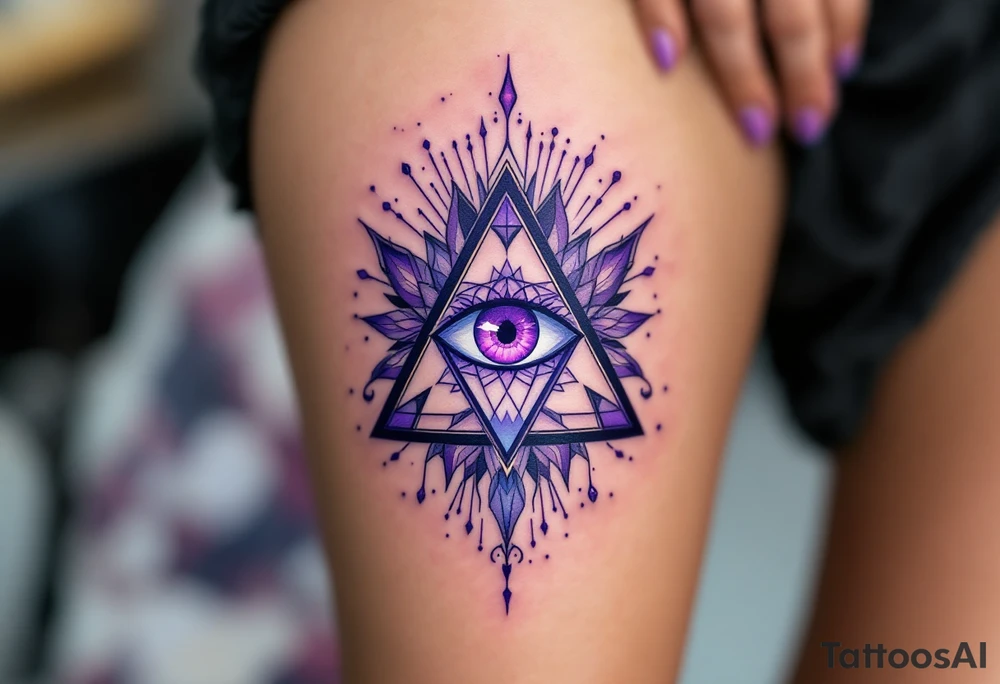 A purple triangle with a third eye in the center, radiating mysticism and awareness under collarbone tattoo idea