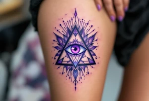 A purple triangle with a third eye in the center, radiating mysticism and awareness under collarbone tattoo idea