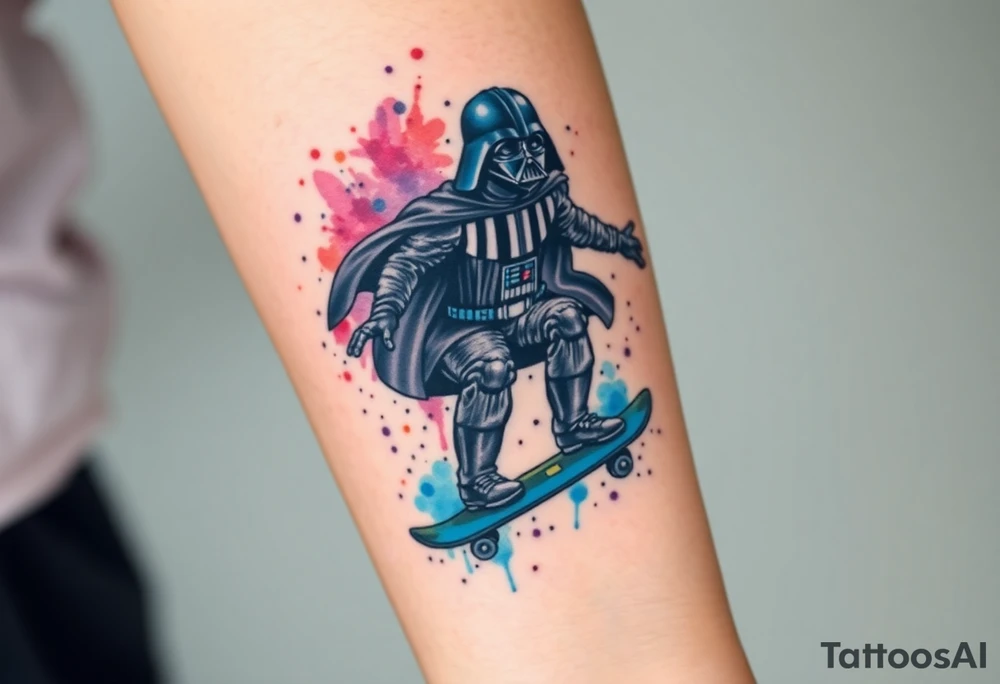 Darth Vader skateboarding > bullets > memorial > colors > god > futuristic 
add name "Darth Carter" on skateboard
add date in loving memory 12/29/88-01/06/24 tattoo idea