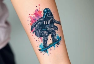 Darth Vader skateboarding > bullets > memorial > colors > god > futuristic 
add name "Darth Carter" on skateboard
add date in loving memory 12/29/88-01/06/24 tattoo idea