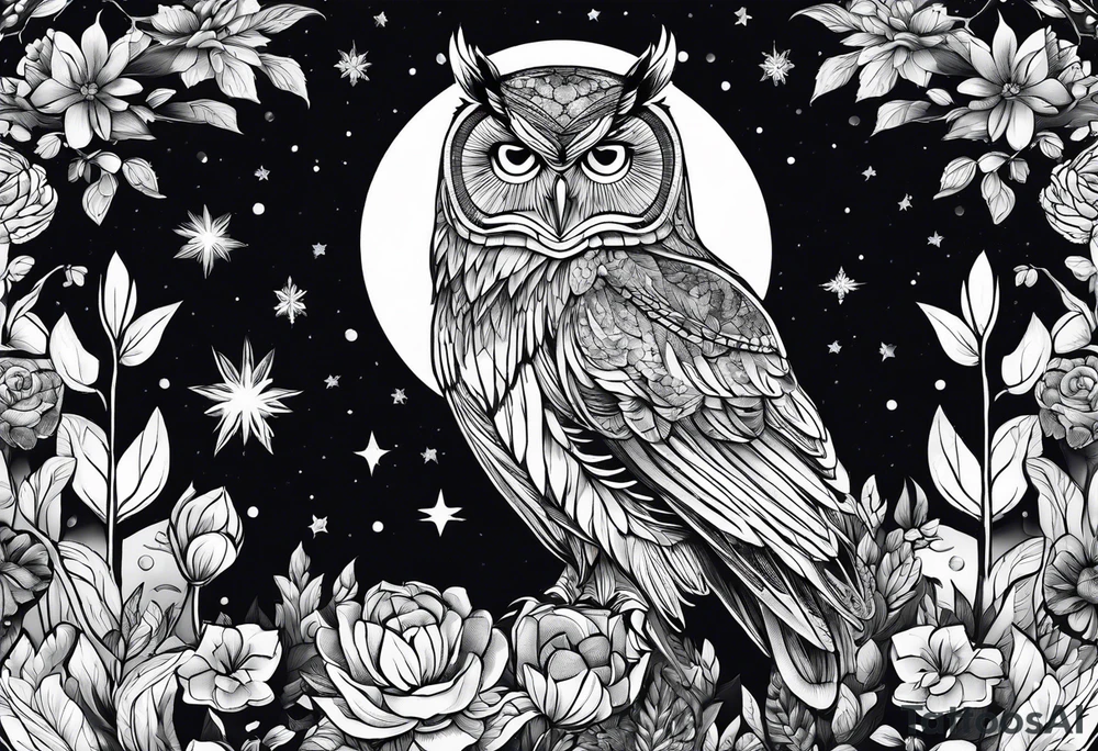 Winter night sky, flowers, owls tattoo idea
