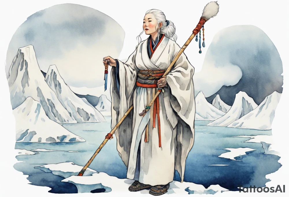 a 40 year old Sami woman with white hair and a white robe holding a long ivory staff, standing on an iceberg tattoo idea
