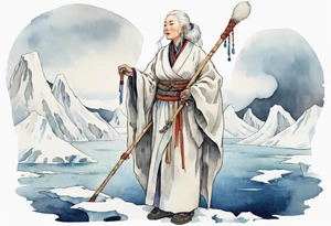 a 40 year old Sami woman with white hair and a white robe holding a long ivory staff, standing on an iceberg tattoo idea