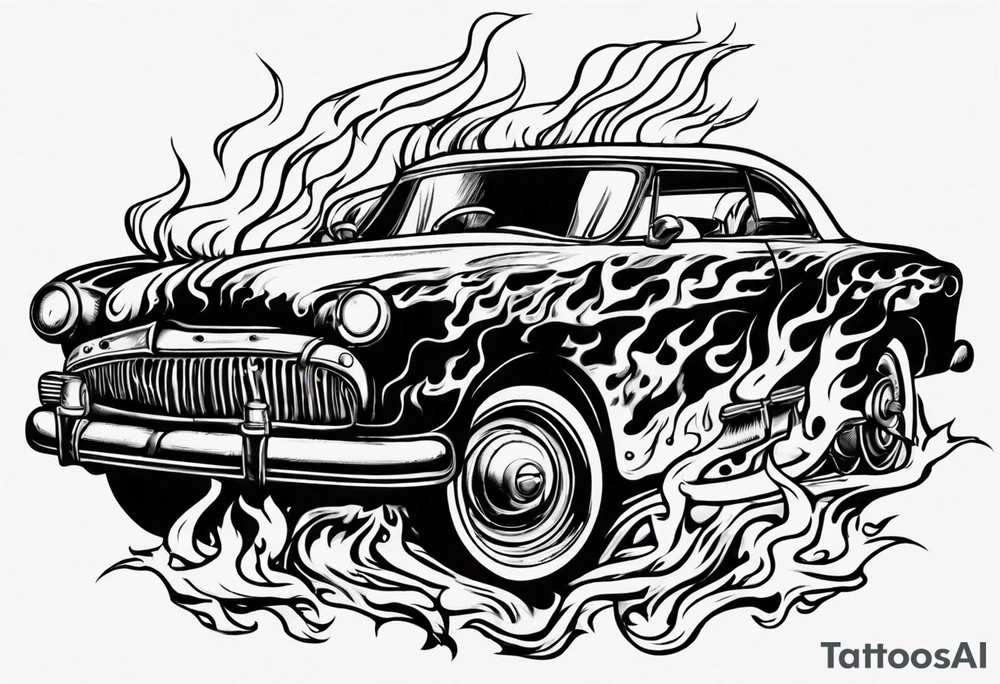 An old vintage car with flames coming out of the hood and a skeleton head at the top of the flames tattoo idea