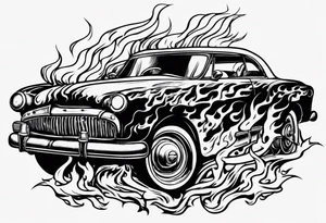 An old vintage car with flames coming out of the hood and a skeleton head at the top of the flames tattoo idea