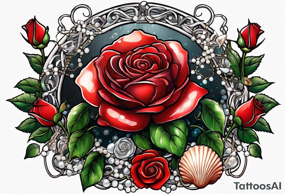 Red rose with a chain made with pearls and a seashell tattoo idea